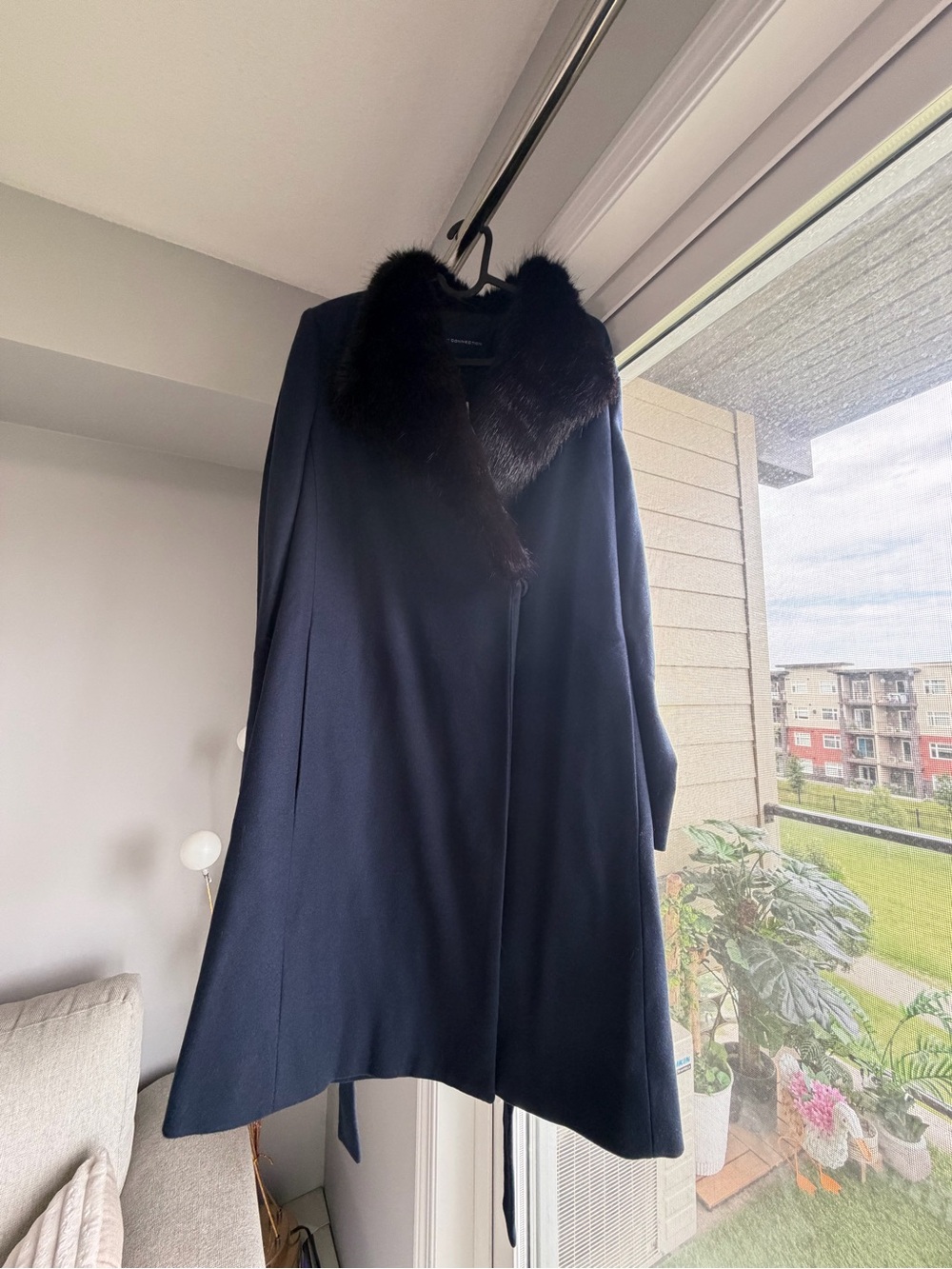 NWT, French Connection Navy Coat with Dark Fur Collar